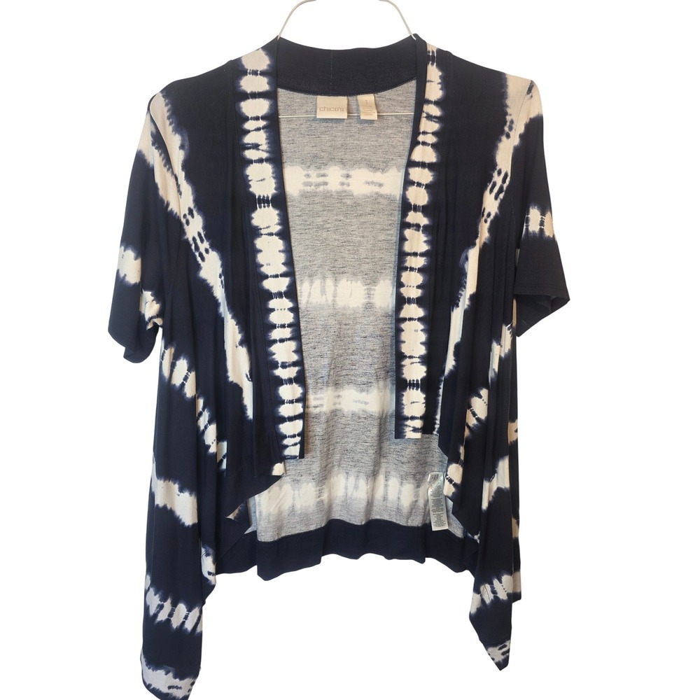 Chicos Navy Blue White Tie Dye Open Front Cardigan Short Sleeve Size 1 M